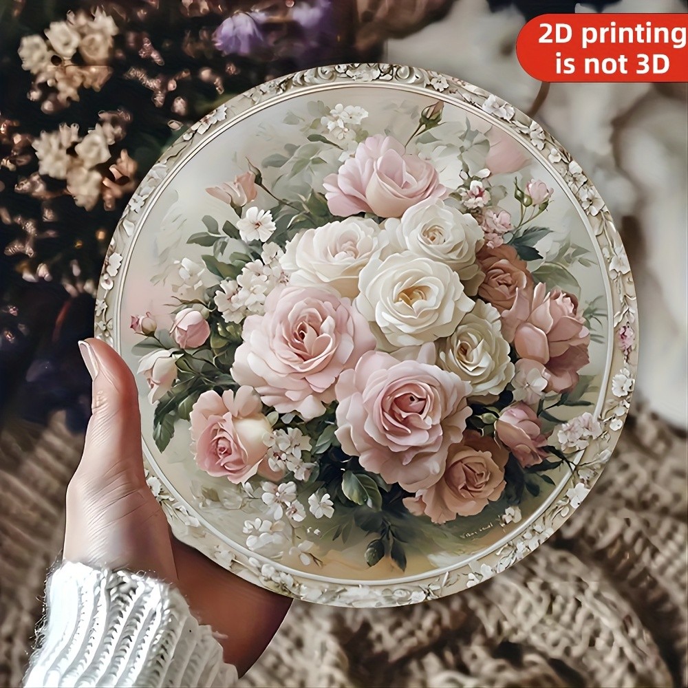 Vintage Floral Pink Rose Round Aluminum Wall Art