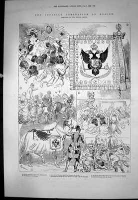 Antiker alter Druck Krönung Moskau Standarte Kaiserreich Kopien Proklamation 1883