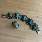 Vintage Antique 50s Sterling Silver Mayan Green Onyx Bracelet And Ring Set