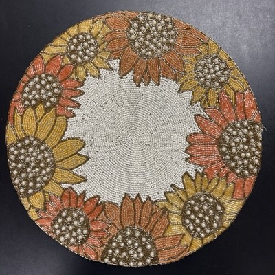 Sunflower Beaded Placemat Charger Yellow Orange White Trim Tahari New 15''