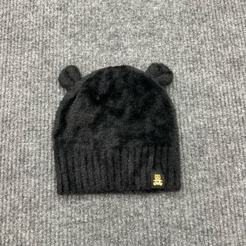 Teddy Fresh Classic Black Fuzzy Bear Ear Beanie Logo Tab Pull On Winter Hat OS