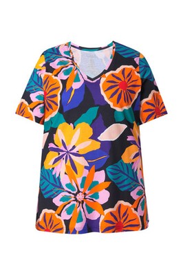 Ulla Popken Damen große Größen T Shirt Blüten V Ausschnitt Halbarm 849494