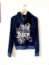 Vintage Y2K Juicy Couture XL/L Tracksuit Jacket Black Velour Hood Zip Pockets.