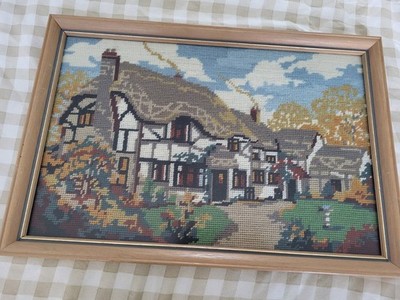 Vintage Nadelspitze Wandteppich Herbst Stein Landhaus Szene gerahmt