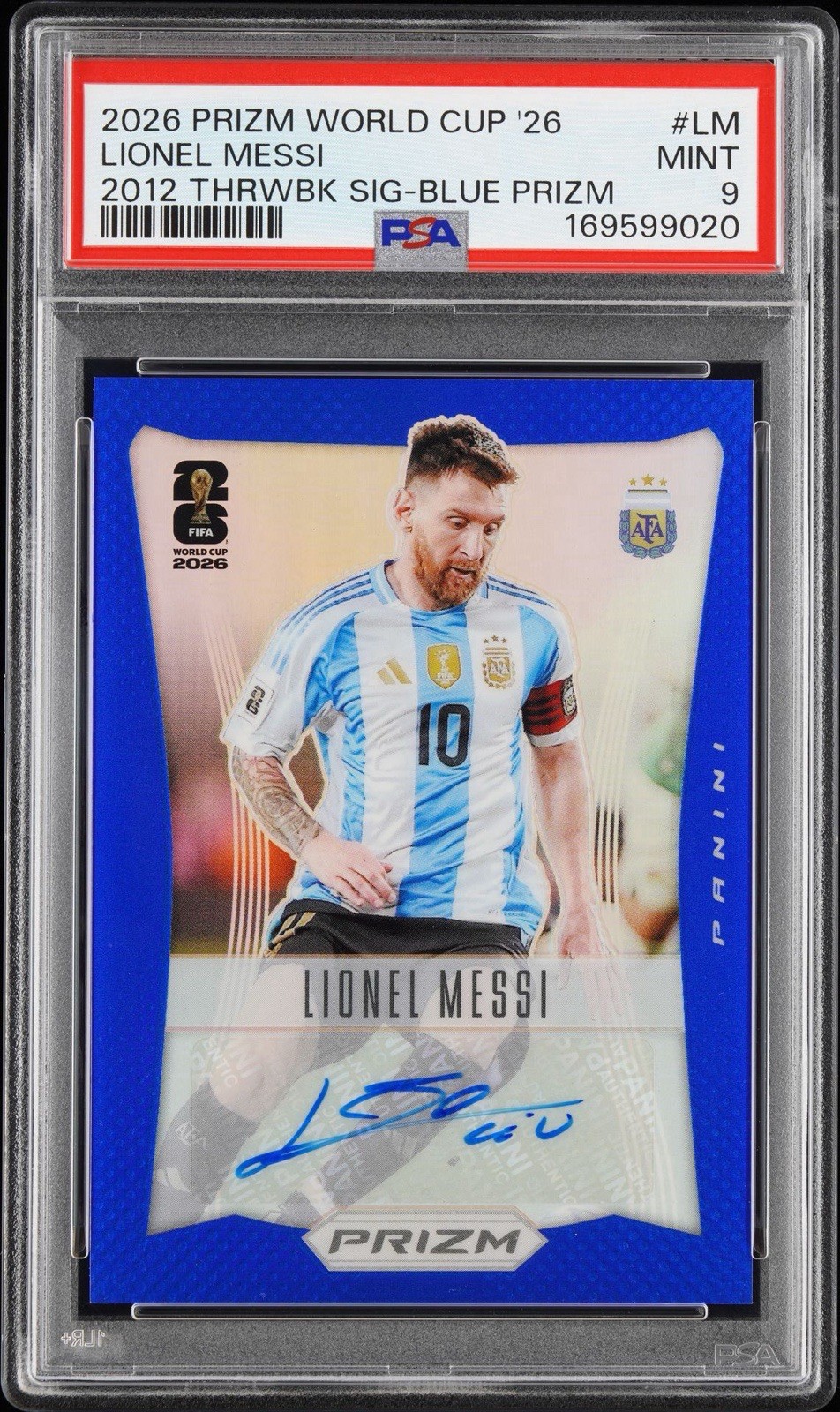 2026 Panini Prizm World Cup Lionel Messi Blue Prizm Throwback Auto /49 PSA 9 view 1