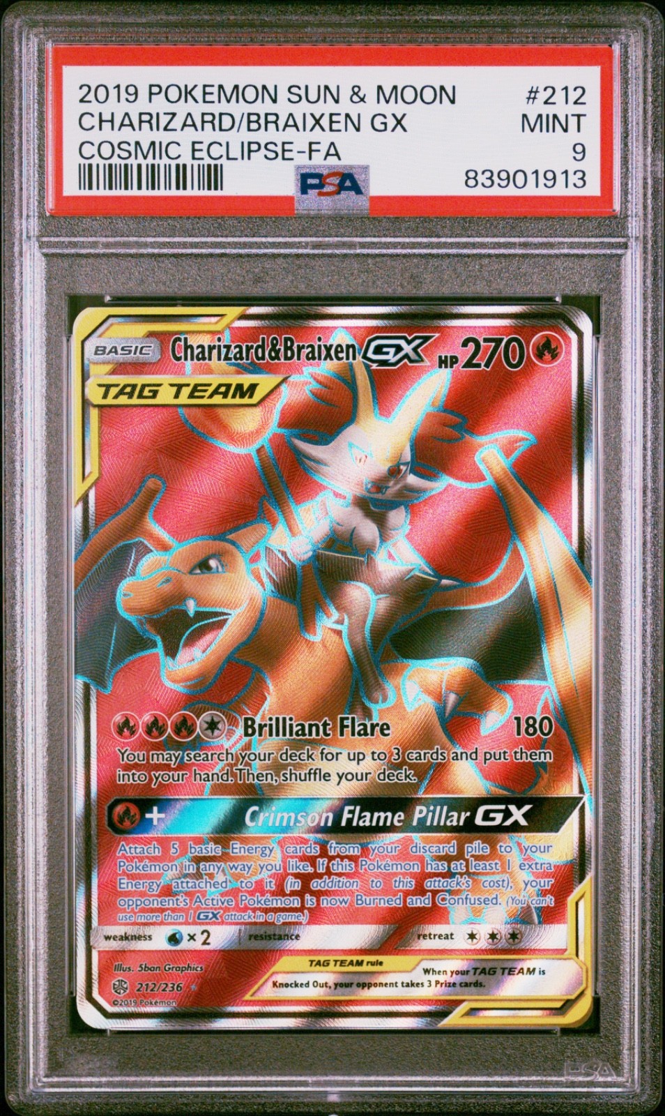 PSA 9 Charizard & Braixen GX #212 Full Art - 2019 SM Cosmic Eclipse 212/236