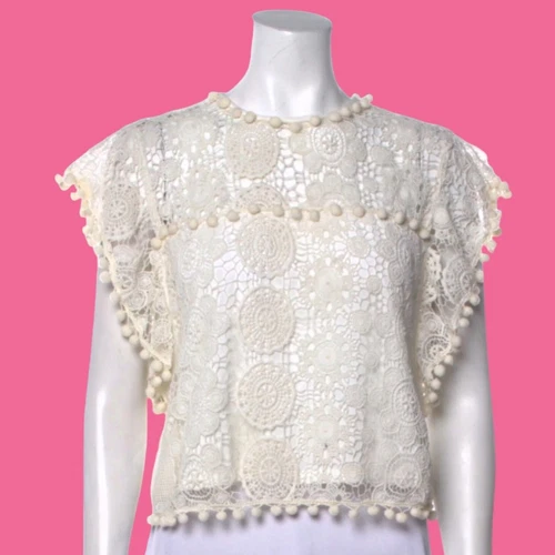 OFF WHITE Camicia blusa TULAROSA boho crop top all'uncinetto cottage fata cotone bianco sporco panna