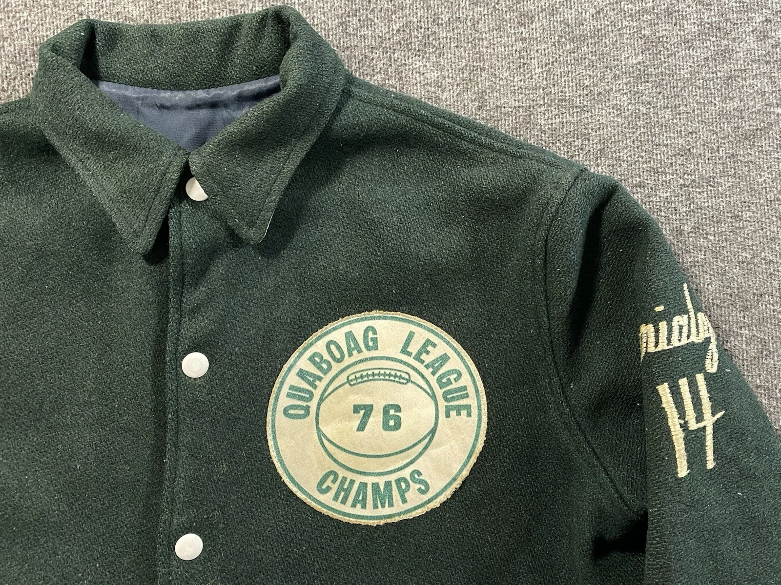 Vintage 70s Varsity Jacket Mens Small Green Wool Preppy Quaboag League Champs image 5