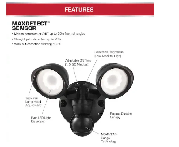 Defiant 17000018 MaxDetect 240° Black Wired 2-Head LED Security Flood Light - Image 3 of 4