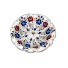 10" Elegant White Marble Fruit Bowl Multi Precious Stone Floral Inlay Arts Decor