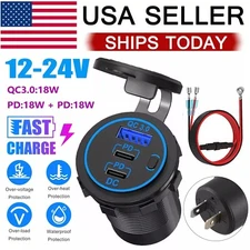 12-24V 3 Port Fast Car Charger USB 3.0 & PD  Type C Outlet Socket for Boat RV