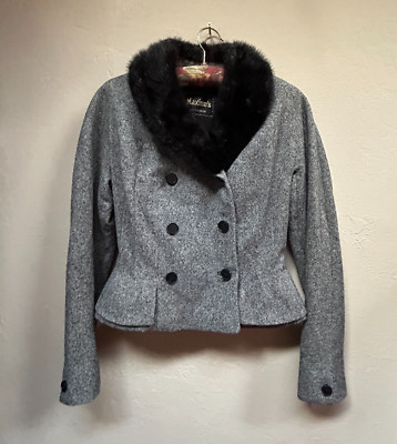 Vintage Maxine's PITTSBURGH Double Breasted Faux Fur Collar Cropped Blazer Black