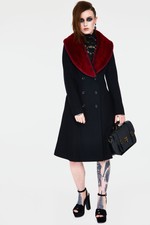 Enchanted Coat Black Red Ladies Goth Punk Emo Gothic Vintage Rose Fur Collar