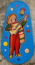 Vintage Tin Litho Noisemaker US Metal Mfg CO Mariachi Mexican Tear Drop Spinner