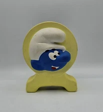 Smurf Bank Ceramic Yellow With Blue Smurf Head Coin Piggy Bank 80s Handpainted
