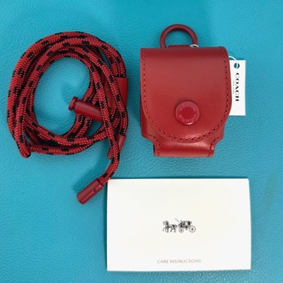 COACH Leather Earbud Case, Adjustable Lanyard, Red, New in Original Packaging
