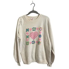 Vintage 90s Heart Print White Pullover Sweatshirt Large