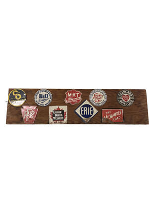 9 Vintage Metall Post Müsli Blech Eisenbahn Zug Emblem Schild Abzeichen Erie Seaboard MKT