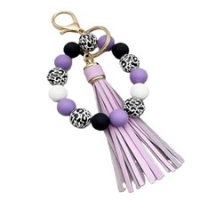 Black Leopard Print Wood Beads Bracelet Keychain Wristlet for Women, Purple