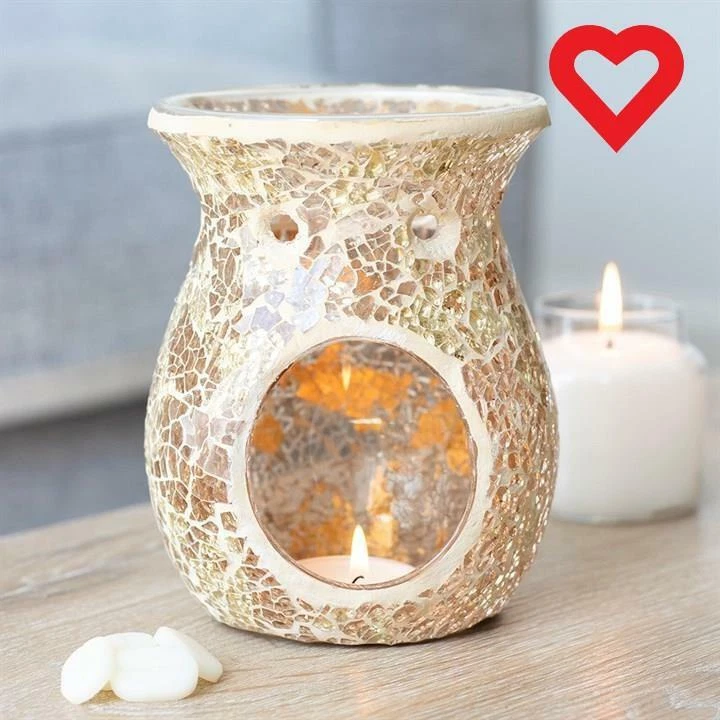 Large Gold Oil Burner Wax Melter Crackle Glass Mosaic eBay