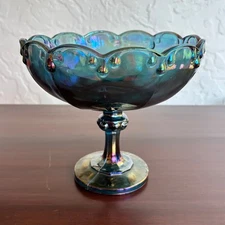 Indiana Glass TEARDROP GARLAND BLUE CARNIVAL 8 ¼” Round Compote: MINT