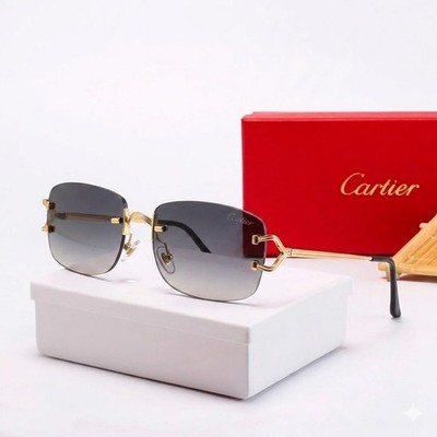 Cartier Big C Rimless Sunglasses Black Gray Lens Gold Frame Luxury Eyewear