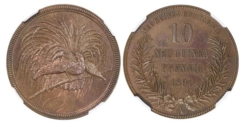 GERMAN NEW GUINEA. 1894-A CU 10 Pfennig. NGC MS63BN Jaeger 703.