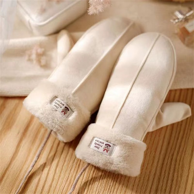 Damen Wildleder Plüsch Winter Fäustlinge mit Nackenriemen - warme winddichte Handschuhe