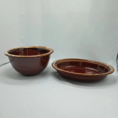 2 Vintage Hull Pottery USA Oven Proof Brown Drip Serving Bowl and Casserole Bowl