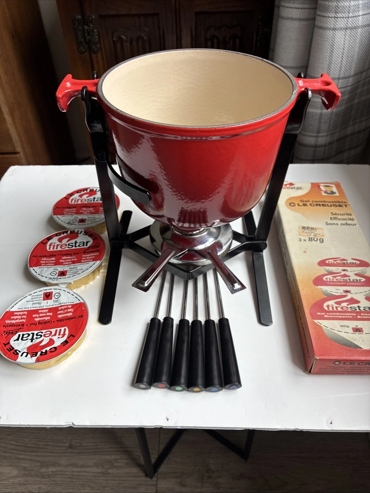 Le Creuset Red Cast Iron Fondue Set Stand Burner Spoon and Pot Complete