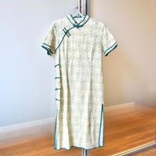 Beige Green Lace Flora Qipao Midi Dress - Chinese Cheongsam