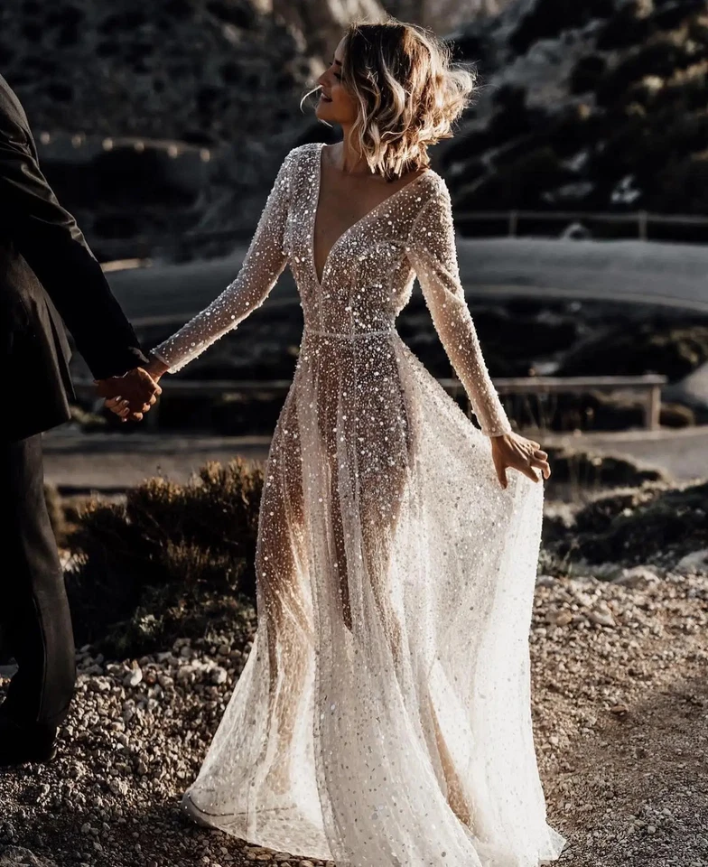 Beaded Wedding Dresses Sequined Long Sleeves V-neck Boho Formal Bridal Gown - Image 2 of 4