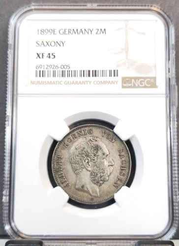 1899 GERMANY SILVER 2 MARK SAXONY KING ALBERT NGC XF 45 SCARCE YEAR