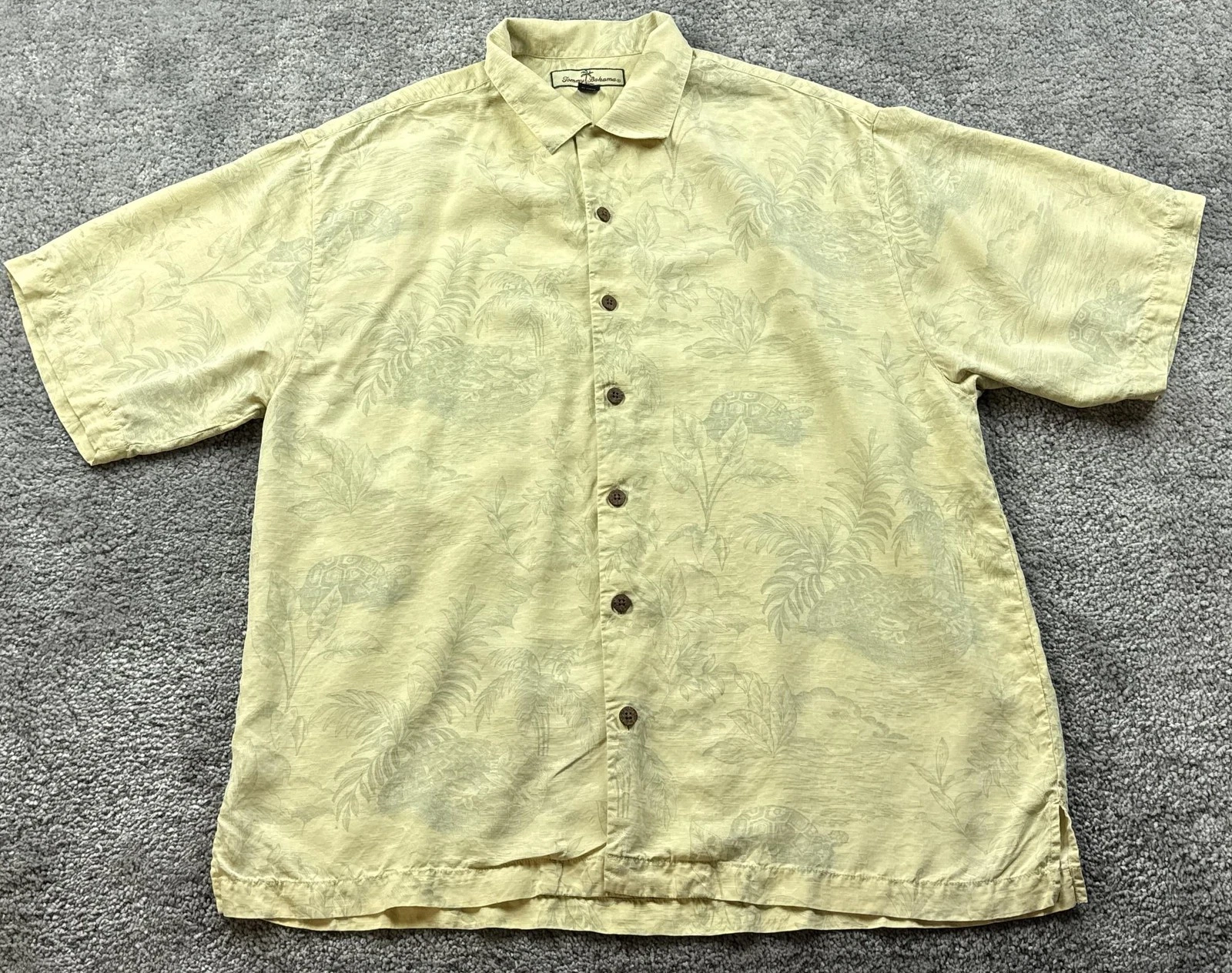 Tommy Bahama Shirt Mens XL Yellow Silk Hawaiian Camp Aloha Tortoise Tropical