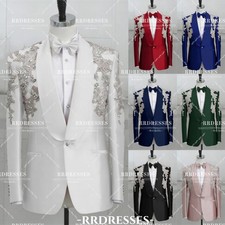 Prom Men's Suit Silk Satin Silver Rhinestone Black Formal Jacket Pants Custom