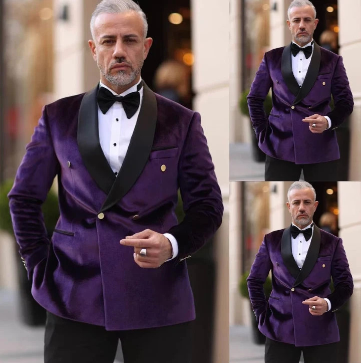 Simple Men Wedding Jacket Shawl Lapel Double Breasted Tuxedos Velvet Blazer