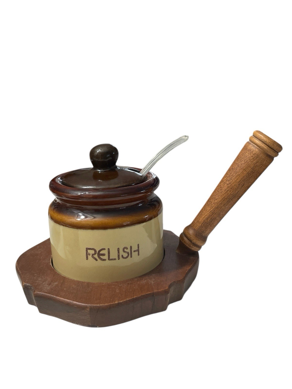 Vintage Stoneware Relish Condiment Brown Drip Crock Spoon & Wood Tray w/Handle