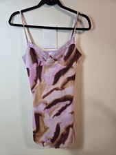 Y2K Style Abstract Print Slip Dress S Lace Trim Spaghetti Strap Coquette Mini