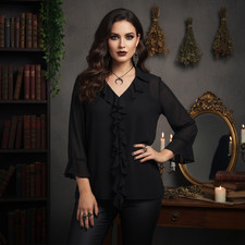 Karen Kane Ruffle Front Blouse OX Black Sheer 3/4 Bell Sleeve Moody Whimsigoth