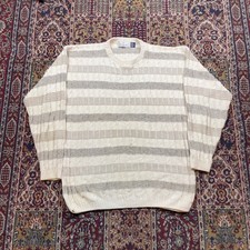 VTG 90s Bill Blass Striped Cable Knit Cotton Sweater Cream Tan Large Made in USA