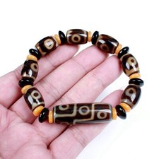 Energy Tibetan Old Agate Heaven&Earth Symbols Totem dZi Bead Bracelet Amulet AAA