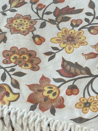 Vintage Handmade Round Tablecloth – Autumn Floral with White Fringe – 66” Diam.