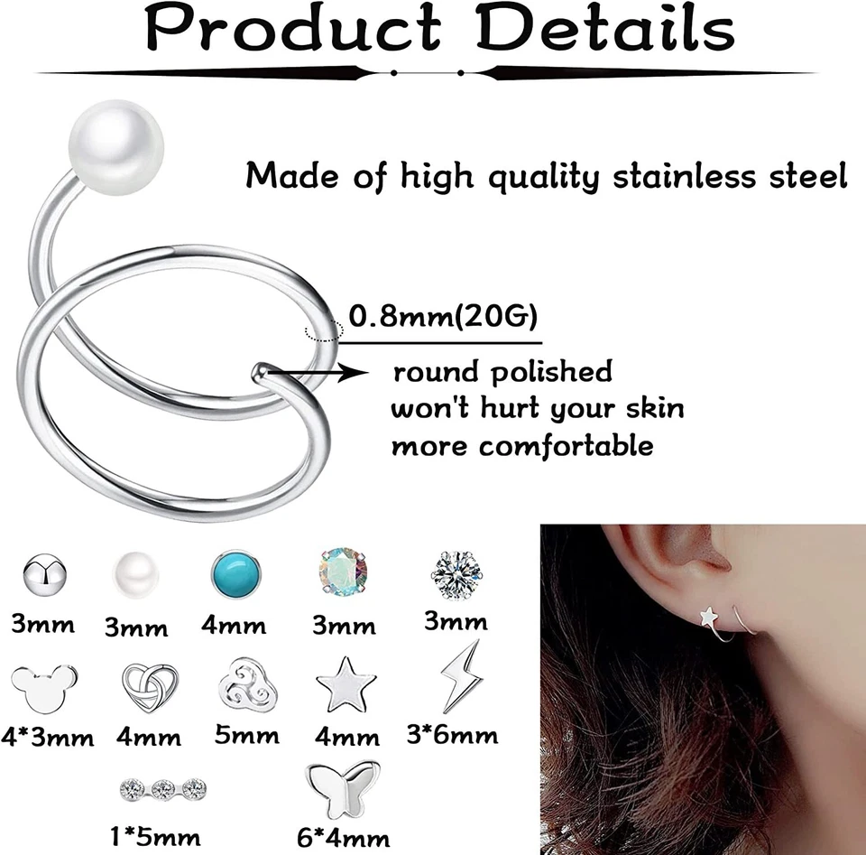 2PCS Double Hoop Spiral Nose Ring 16g Chain Dangle Nose Rings Studs Piercing 20G - Image 4 of 4