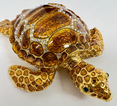 Gold Turtle Trinket Box By Taylor Avedon Crystal Accented Enameled