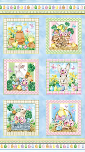 Cottontail Farms Easter Bunny Fabric Block Panel 23" x 43" Sold by the panel