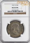 1957 D NGC MS 66 FBL Franklin Half Dollar Full Bell Lines 50C Toned (L75)