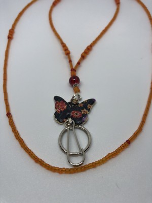 BEADED LANYARD ORANGE NECKLACE HANDMADE ID BADGE HOLDER MULT-COLOR BUTTERFLY