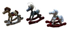 VTG RUSS Wooden Rocking Horse Christmas Ornament Lot 3 Painted Fluffy Mane Tail