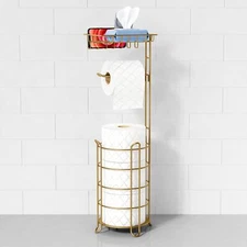 Gold Free Standing Toilet Paper Holder Stand with Phone Shelf, Floor Bathroom Ti