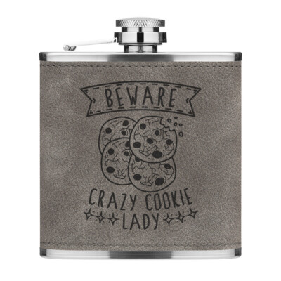 Vorsicht Crazy Cookie Lady 6 Unzen PU Leder Flachmann Grau Lustig Keks Schokolade